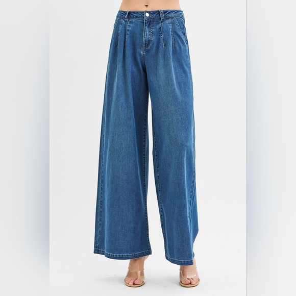 RISEN Palazzo Baggy Mid-Rise Pleated Ultra Wide Oversized Leg Jeans Denim Pants - Picture 7 of 16